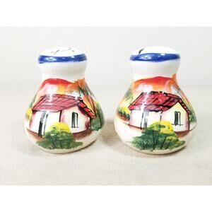 Salt & Pepper Shakers Folk Farm House 3" Ceramic White Green Home Decor Vintage